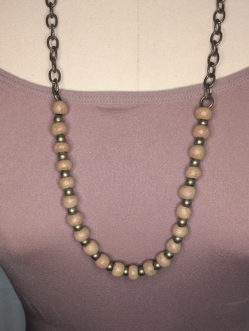 Bel Koz Haiti Handmade Earthy Clay Wood Bead Antique Brass Chain Necklace Boho